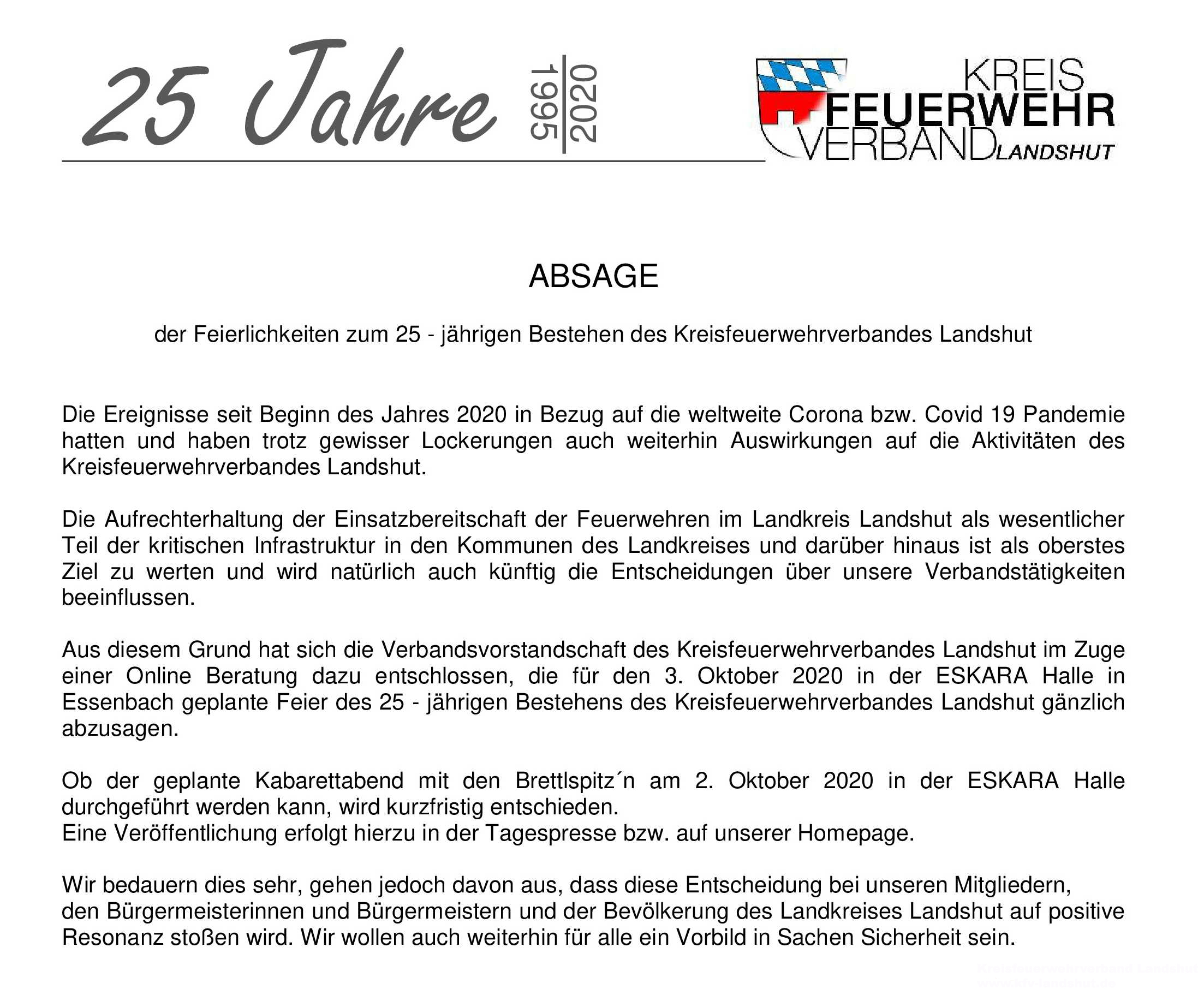 Absage KFV Jubiläum 2020